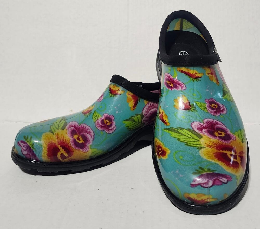 Sloggers Womens Size 6 Turquoise Pansy Floral Waterproof Garden Rain Shoes USA